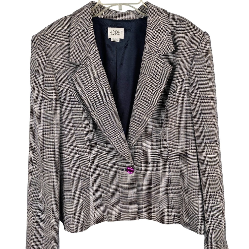 Koret Women SZ 14 Plaid Blazer Navy White Purple Button Dark Academia Officecore